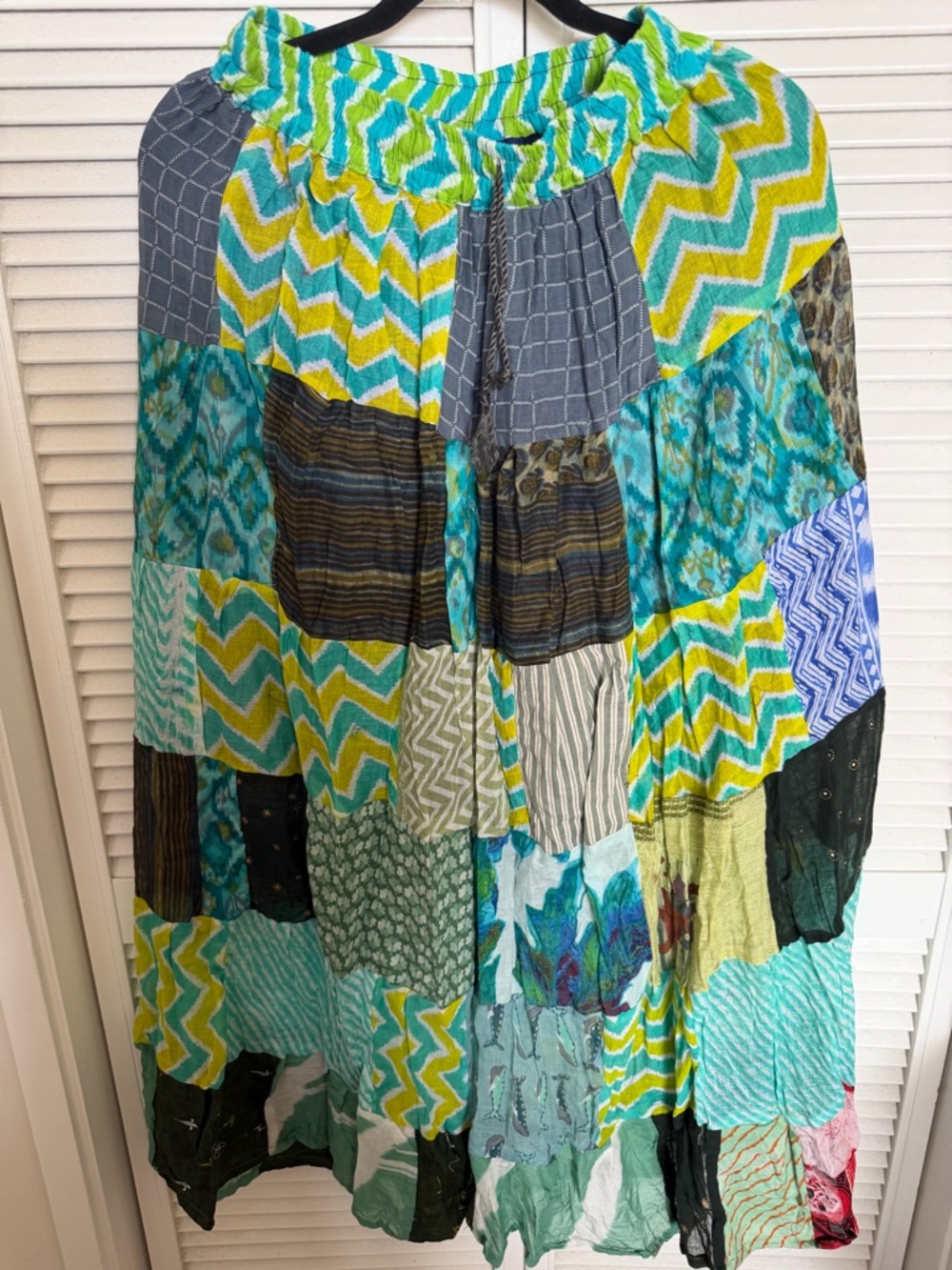 Boho Patchwork Maxi Skirt in Teal, Yellow & Gray